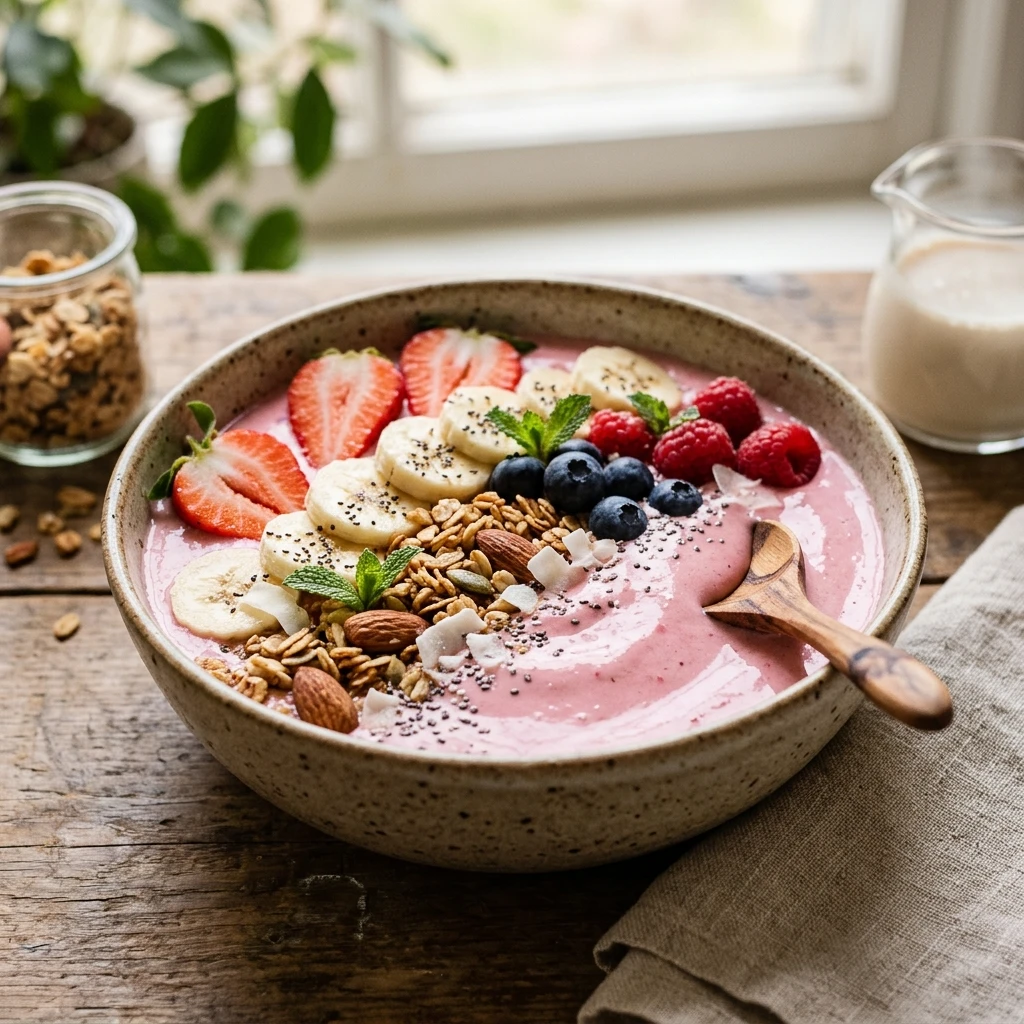 Thick Creamy Strawberry Banana Smoothie Bowl Granola Fruit Healthy Weight Loss