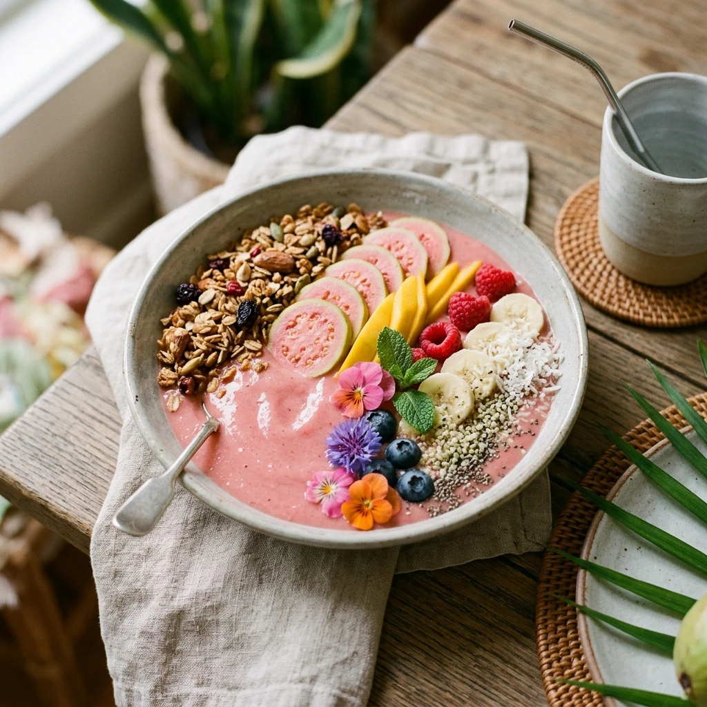 Tropical Guava Smoothie Bowl Thick Creamy Pink Granola Fruit Viral Colorful Superfood